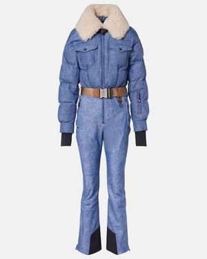 Moncler Belted Shearling-Trimmed Down Ski Suit - Blue