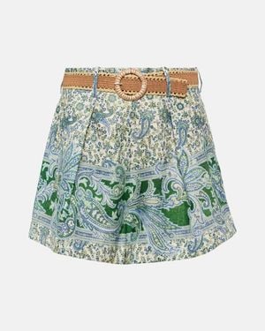 Zimmermann Ottie Paisley Print Belted Linen Shorts - Green