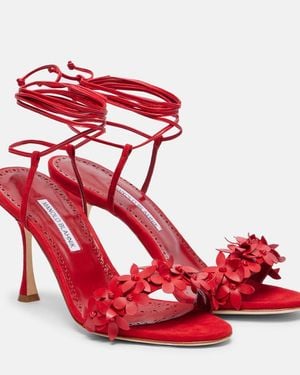 Manolo Blahnik Anista Floral-Applique Leather Sandals - Red