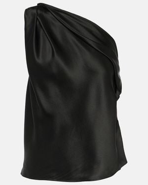 The Sei Draped One-Shoulder Silk Satin Top - Black