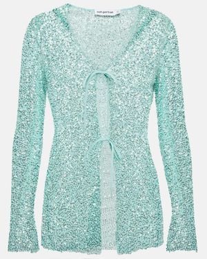 Self-Portrait Beaded Tie-Front Cardigan - Blue