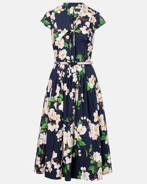 Oscar de la Renta Floral Pleated Cotton-Blend Midi Dress - Blue