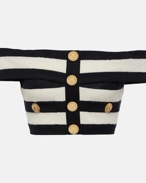 Balmain Striped Off-Shoulder Crop Top - Black