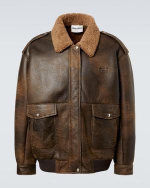 Miu Miu Shearling-Lined Leather Blouson Jacket - Brown