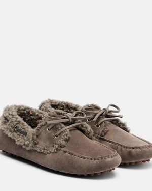Brunello Cucinelli Monili Shearling-Trimmed Suede Moccasins - Brown