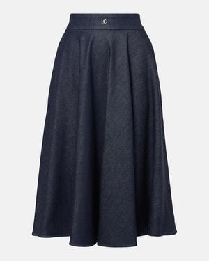 Dolce & Gabbana Denim Calf-Length Circle Skirt With Dg Logo Pin - Blue