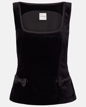 Posse Quincy Bow-Detail Cotton Velvet Top - Black