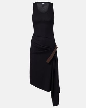 Loewe Belted Ribbed-Knit Draped Cotton-Blend Midi Dress - Black