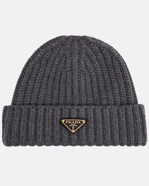 Prada Logo Ribbed-Knit Wool And Cashmere Beanie - Grey