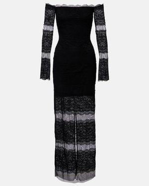 Blumarine Off-Shoulder Lace Tulle Maxi Dress - Black