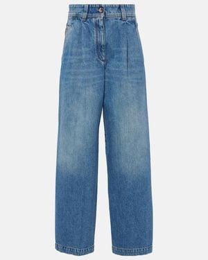 Brunello Cucinelli Pleated High-Rise Wide-Leg Jeans - Blue