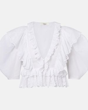 Chloé Embroidered Ruffled Cotton Top - Blue