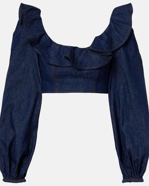 Zimmermann Aster Ruffled Denim Crop Top - Blue