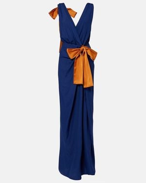 Saint Laurent Bow-Detail Draped Silk Satin Gown - Blue