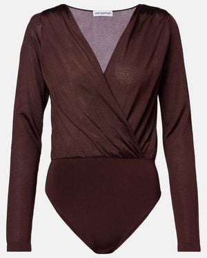 Self-Portrait Draped Knitted Bodysuit - Purple