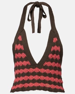 Valentino Striped Knitted Cotton Crop Top - Red
