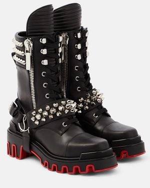 Christian Louboutin Janetta Red Sole Spike Leather Biker Boots - Black
