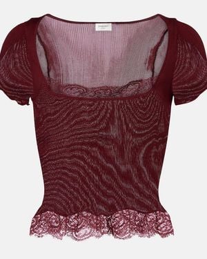 Saint Laurent Cropped Leavers Lace-Trimmed Ribbed Silk-Jersey Top - Red