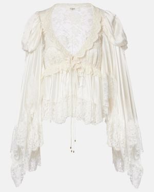 Chloé Lace-Trimmed Silk Satin Top - White