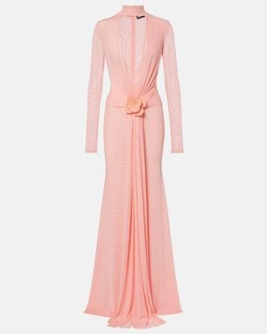 David Koma Draped Floral-Applique Mesh Gown - Pink