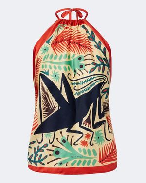 Etro Bedrucktes Neckholder-Top Aus Seide - Grün