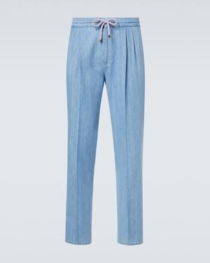 Brunello Cucinelli Pleated Cotton Straight Trousers - Blue