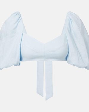 Zimmermann Rhiannon Puff-Sleeve Linen Crop Top - Blue