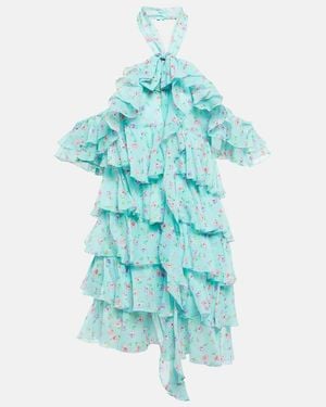 Alessandra Rich Halterneck Ruffle-Detail Silk Minidress - Blue