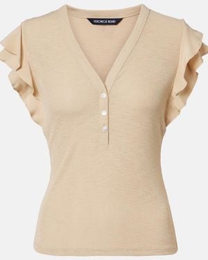 Veronica Beard Aphrodite Ribbed-Knit Ruffled Top - Natural