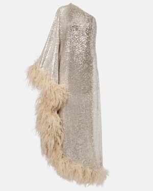 Taller Marmo Ubud Feather-Trimmed Sequined Gown - White