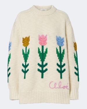 Chloé Floral Intarsia Oversized Wool Sweater - White