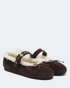 Miu Miu Shearling-Lined Suede Ballet Flats - Brown