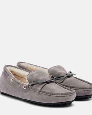 Tod's Gommino Shearling-Lined Suede Boat Shoes - Grey