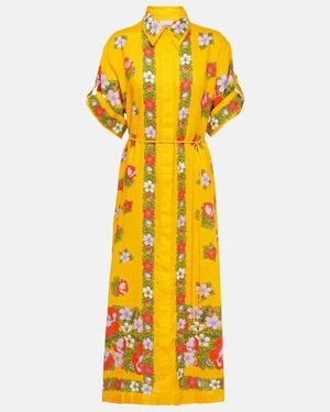 ALÉMAIS Belted Floral Linen Shirt Dress - Yellow