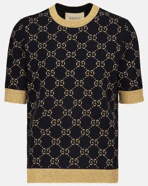 Gucci Monogram-Pattern Ribbed-Trim Cotton-Blend Knitted Top - Blue