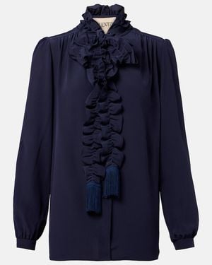 Valentino Ruffled Silk Crepe De Chine Blouse - Blue