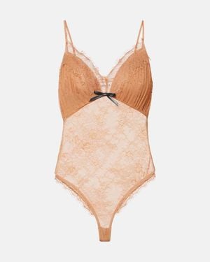 Self-Portrait Embroidered Lace-Trimmed Mesh Bodysuit - Brown