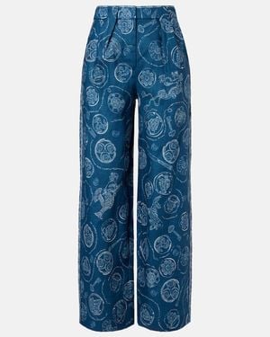 ALÉMAIS Lucky Printed Linen Wide-Leg Pants - Blue