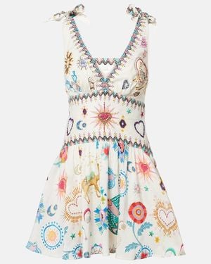CAMILLA Embroidered Linen And Silk Minidress - White