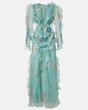 Zimmermann Illuminate Floral Ruffled Silk Organza Gown - Blue