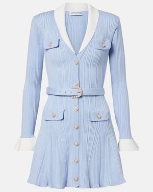 Self-Portrait Belted Ribbed-Knit Minidress - Blue