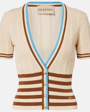 Valentino Open-Knit Striped Cotton Cardigan - Natural
