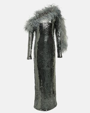 Taller Marmo Garbo Disco Feather-Trimmed Sequined Gown - Gray