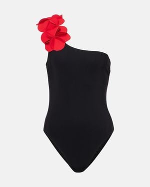 Karla Colletto Tess Floral-Applique One-Shoulder Swimsuit - Blue