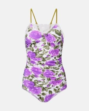 Chloé Floral Ruched Lace-Trimmed Swimsuit - Purple
