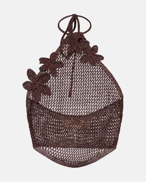 Bananhot Cori Open-Knit Halterneck Lame Crop Top - Brown