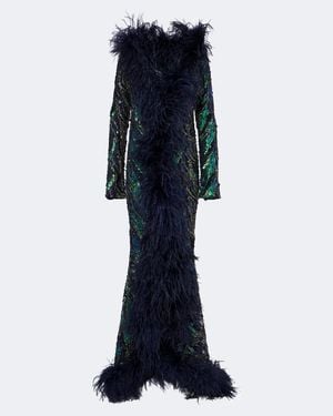 Taller Marmo Hollywood Disco Feather-Trimmed Gown - Blue
