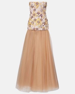 Costarellos Crystal-Embellished Embroidered Tulle Gown - Natural