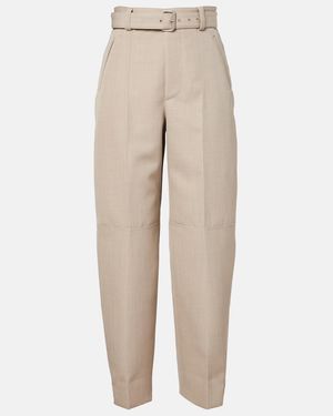 Bottega Veneta Belted High-Rise Wool Straight Trousers - Natural