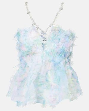 SUSAN FANG Floral-Applique Smocked Tulle Top - Blue
